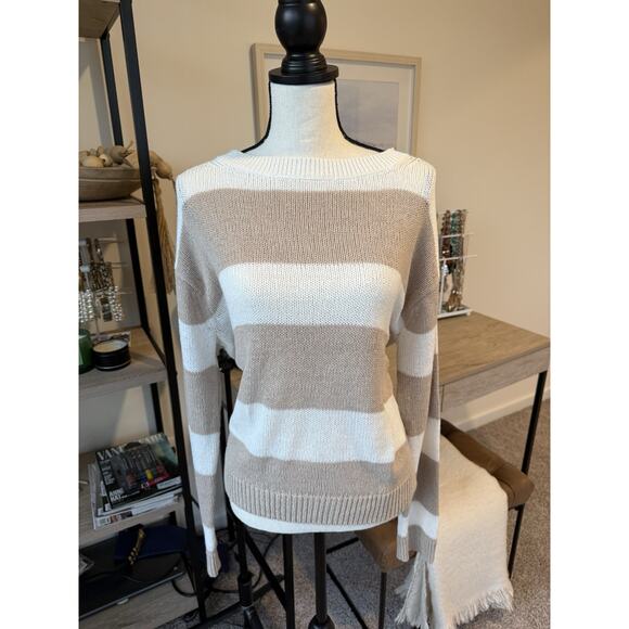 Banana Republic Pullover Sweater Striped Cotton Blend Casual Ivory & Tan Large - Picture 5 of 8